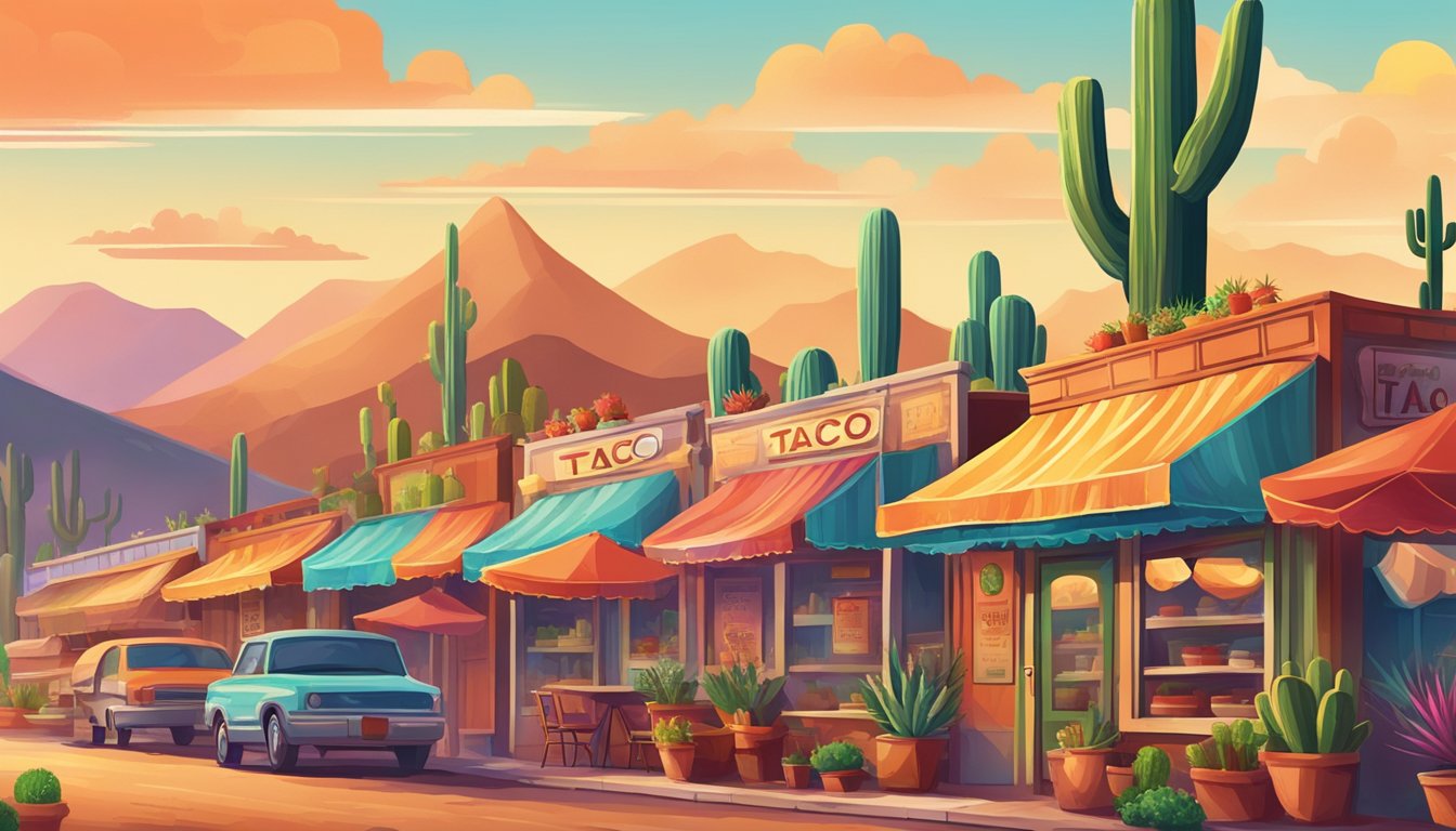 A colorful street lined with vibrant taco stands, surrounded by rolling hills and dotted with cacti. The aroma of sizzling meat and fresh salsa fills the air