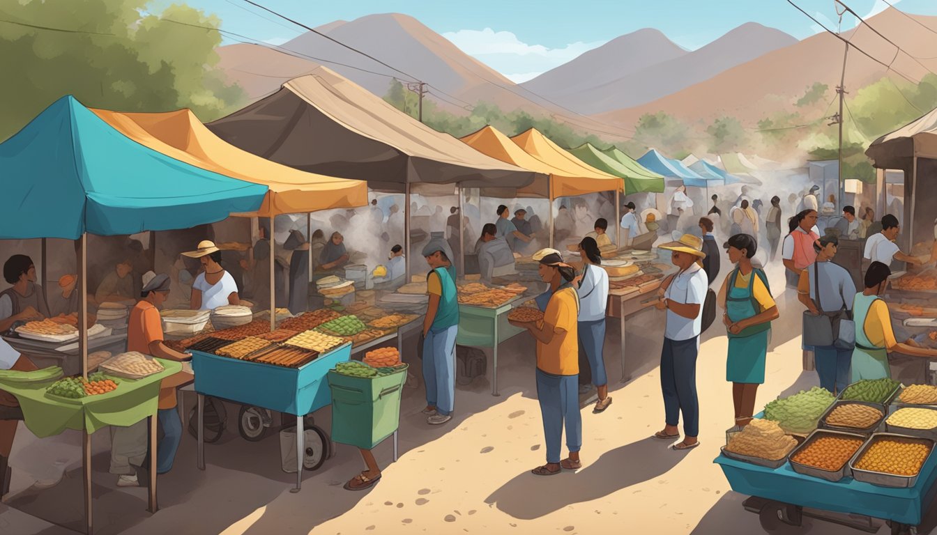 A bustling street market in a Mexican volcanic region, with vendors selling a variety of tacos filled with local ingredients and flavors. Smoke rises from grills as customers line up to try the best regional variations