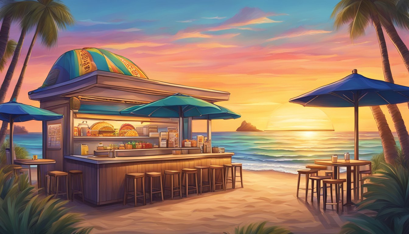 A beachside taco stand with palm trees, ocean waves, and a colorful sunset in the background