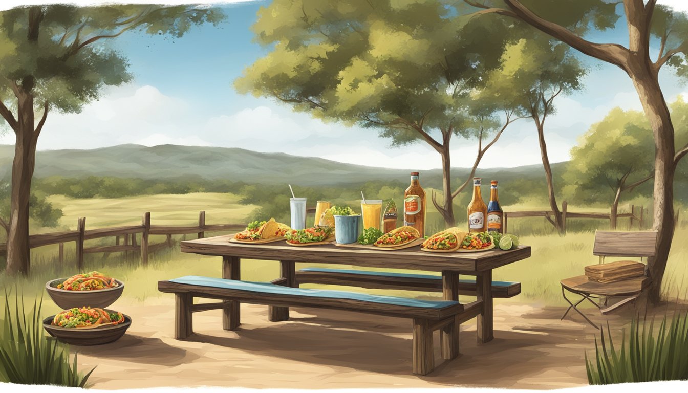 A rustic outdoor setting with a wooden table adorned with an assortment of tacos and various beverages, surrounded by the scenic landscape of the Texas Hill Country