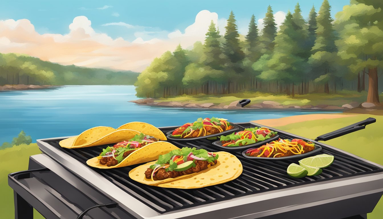 A colorful array of tacos sizzling on a grill in the midst of a scenic Texas state park, surrounded by towering trees and a serene lake