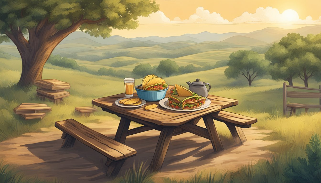 A rustic picnic table set against a backdrop of rolling hills and oak trees, with a plate of steaming, freshly made Texan tacos in the foreground