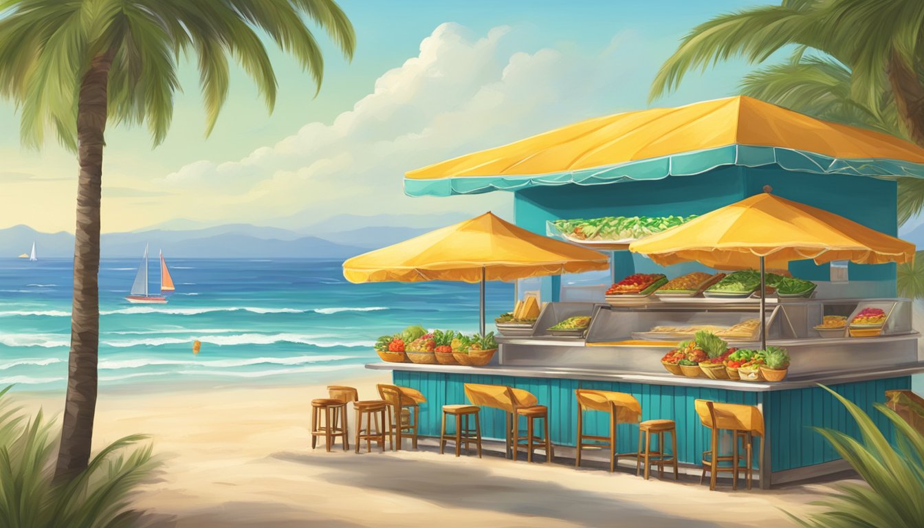 A beachside taco stand with palm trees, colorful umbrellas, and a view of the ocean