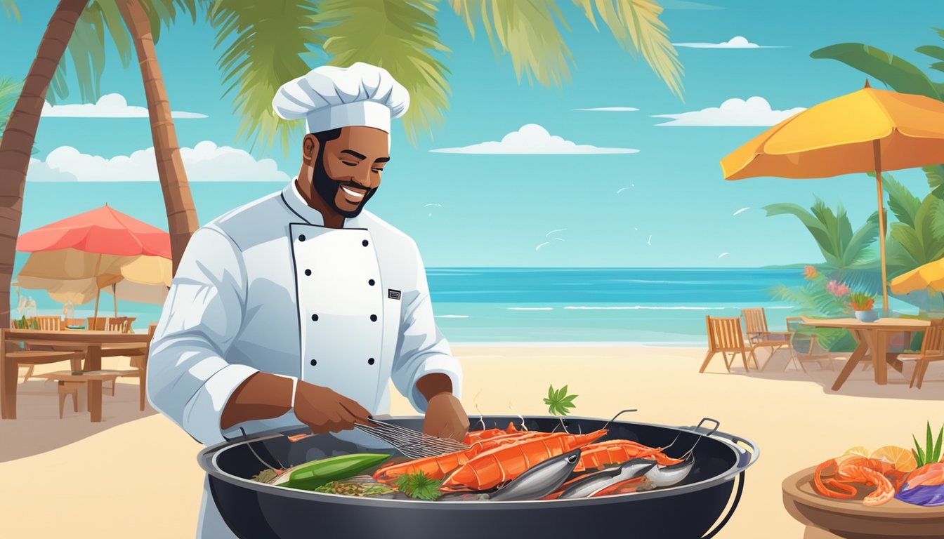 A chef grills fresh seafood on a beach, surrounded by colorful spices and ingredients, while a palm tree sways in the background