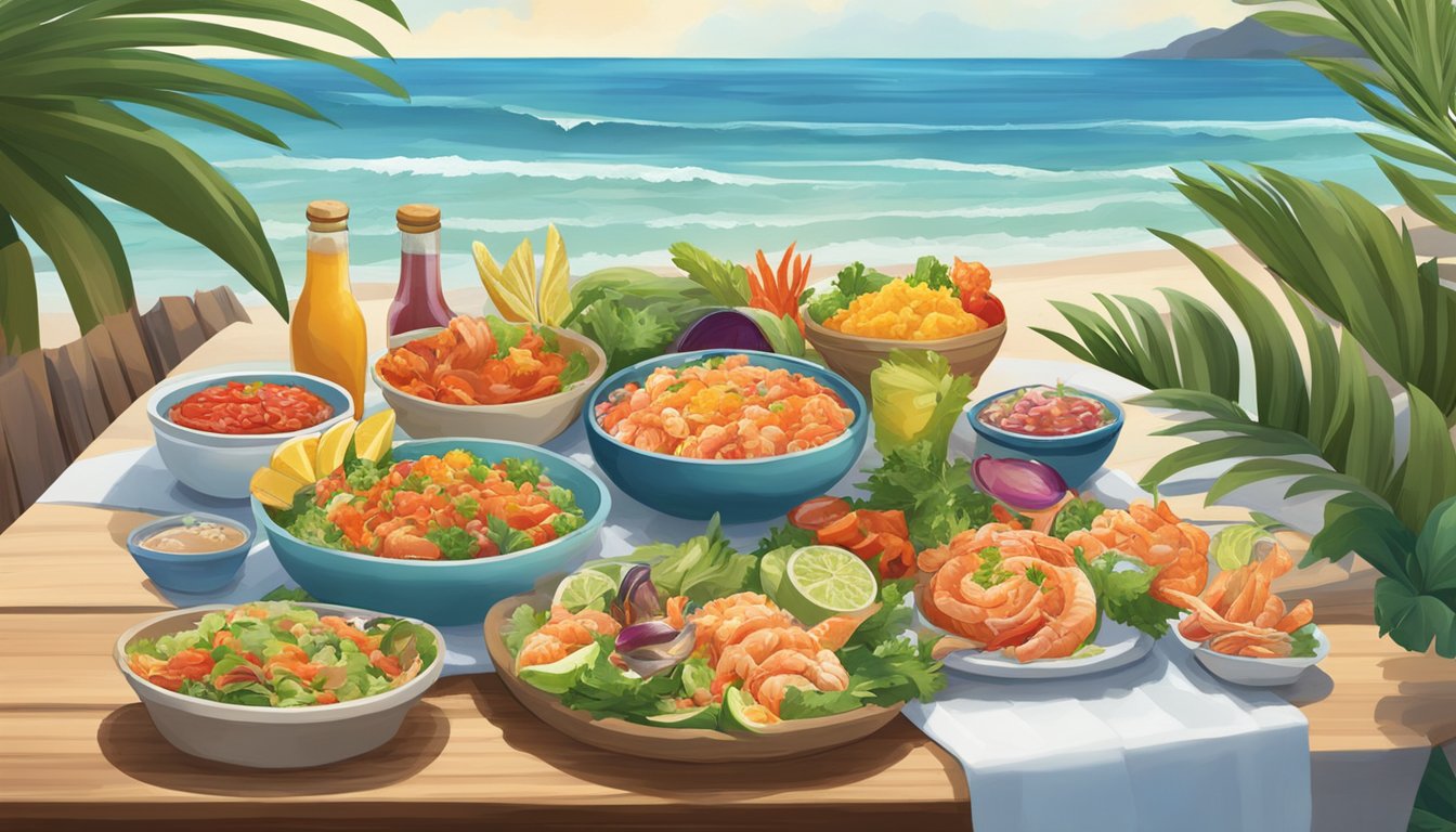 A beachside table with a spread of fresh seafood, vibrant vegetables, and colorful salsas, set against a backdrop of crashing waves and palm trees