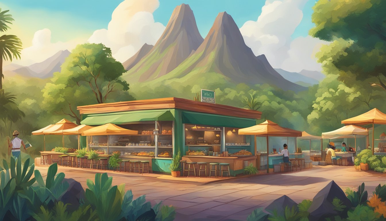 A volcanic landscape with steaming vents, surrounded by lush greenery and vibrant colored rocks. A taco stand sits in the foreground, serving up delicious tacos filled with unique ingredients found only in this region