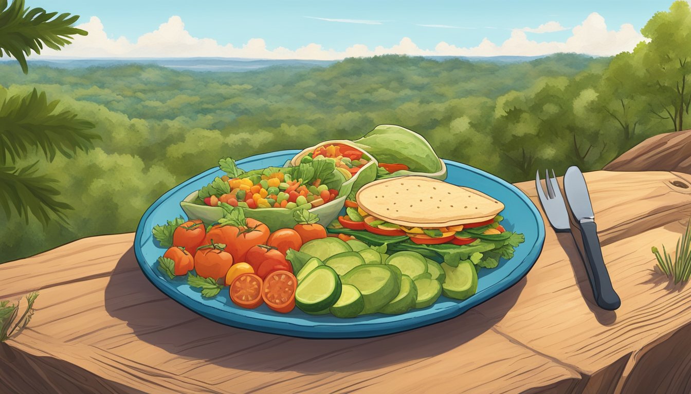 A colorful spread of fresh vegetables and plant-based protein fillings atop warm tortillas in a scenic Texas state park