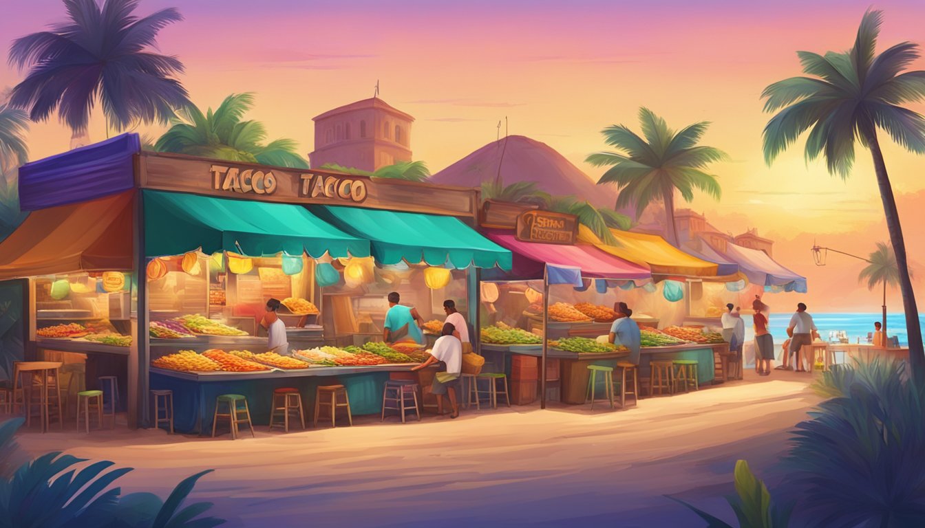 A colorful street market with vendors selling fresh tacos, surrounded by palm trees and the sound of ocean waves in the background