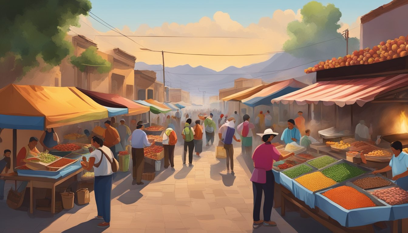 A bustling market with vendors selling fresh produce, colorful spices, and sizzling meats. Steam rises from grills as customers sample ingredients for the best tacos in Mexico's volcanic regions