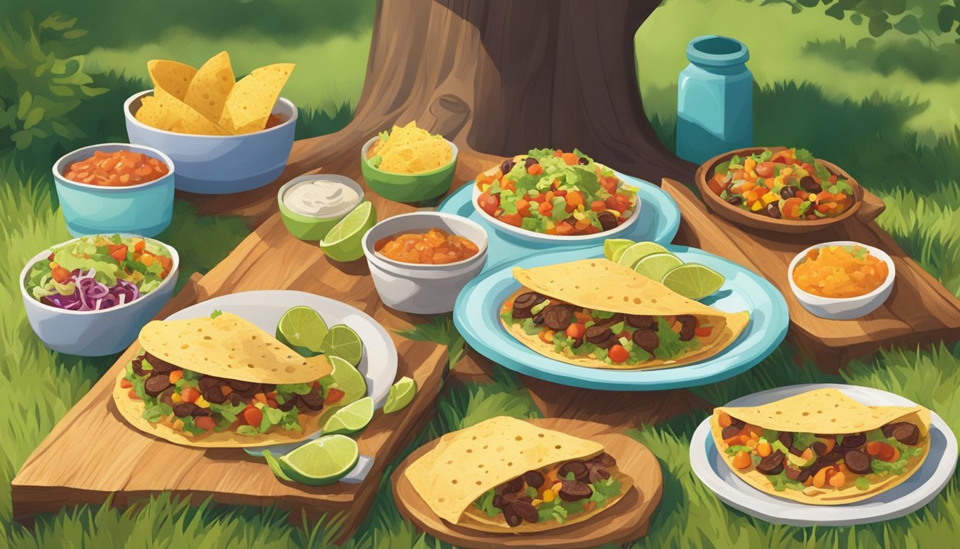 A picnic blanket spread out under a shady oak tree, with a colorful array of tacos and toppings laid out on a wooden serving platter