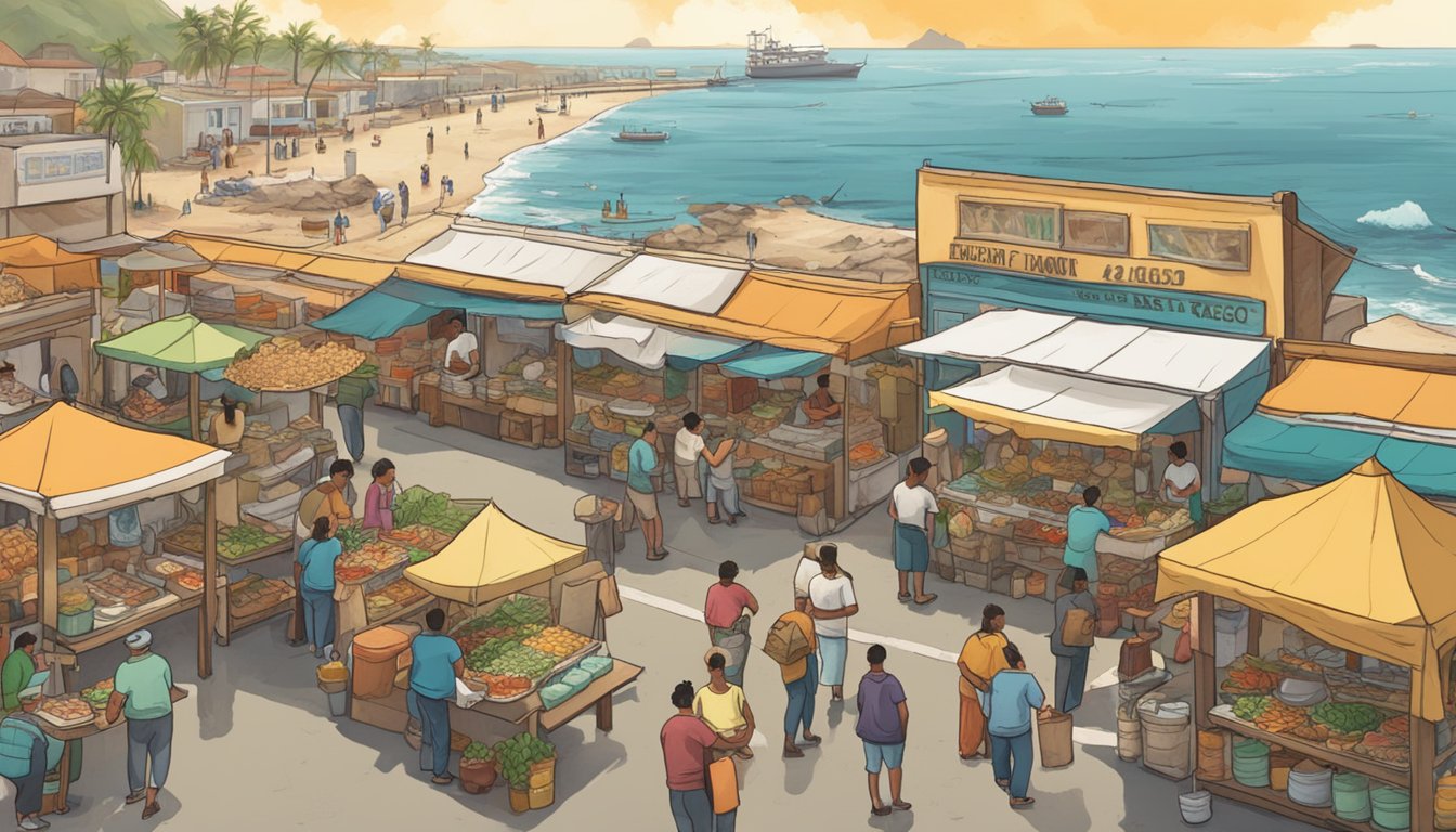 A bustling street market with vendors selling fresh fish tacos by the Mexican Pacific coast. Waves crash in the background as customers enjoy the delicious food