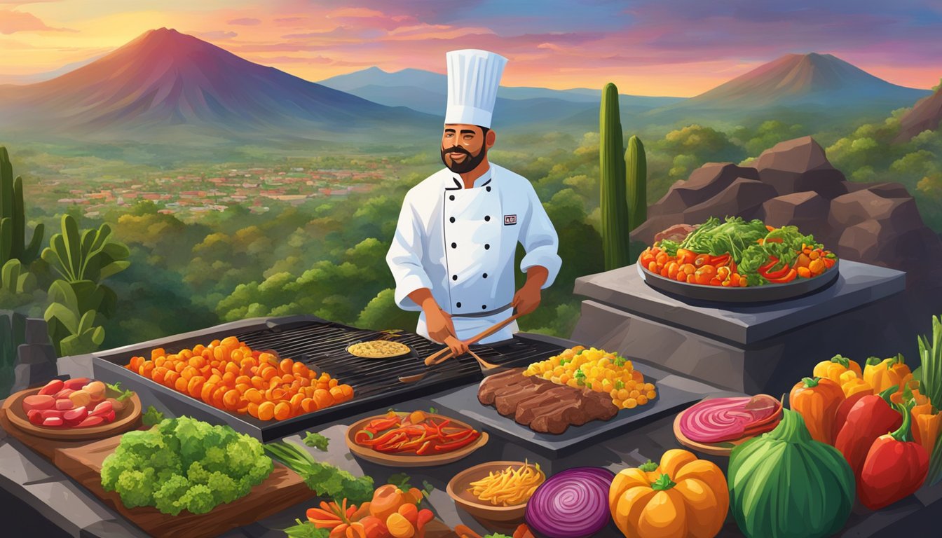 A chef expertly grills colorful vegetables and sizzling meat over a volcanic rock, surrounded by the vibrant landscape of Mexico's volcanic regions