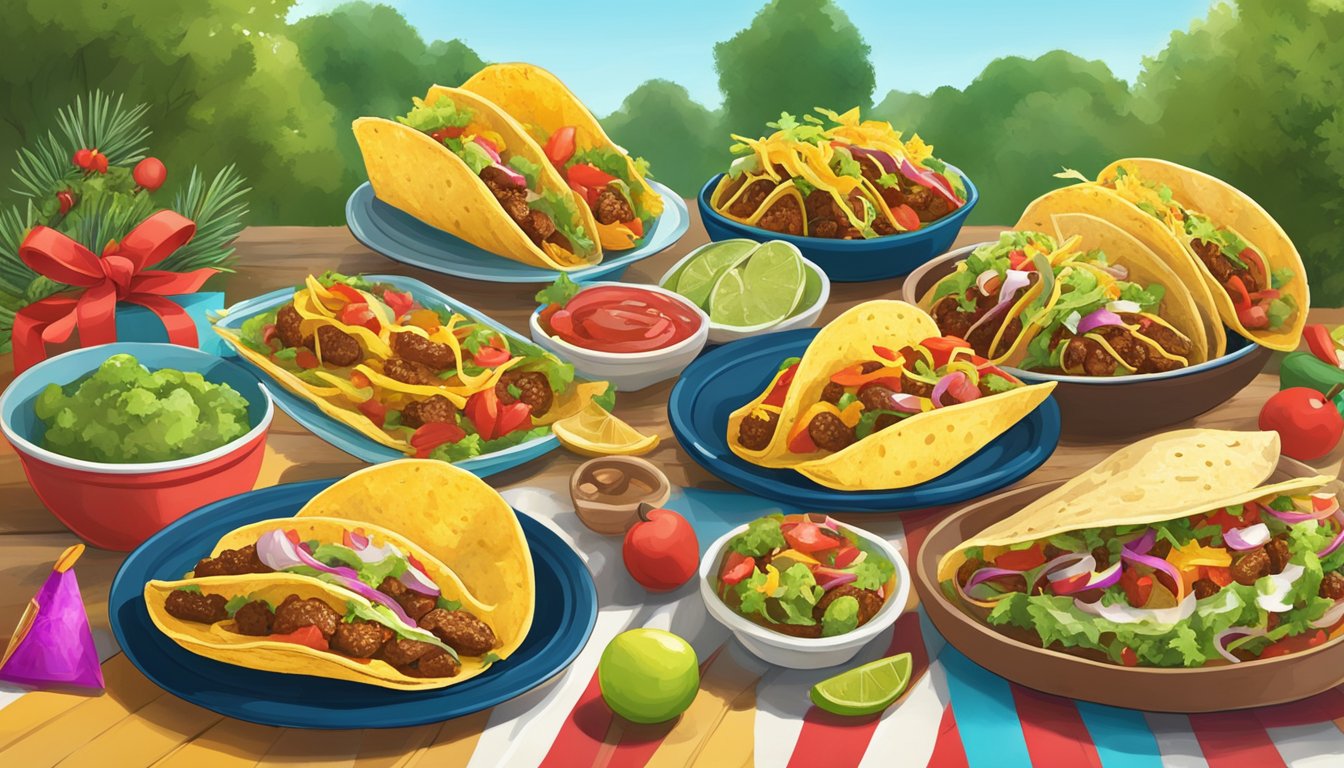 A colorful array of festive tacos surrounded by seasonal decorations in a Texas state park setting