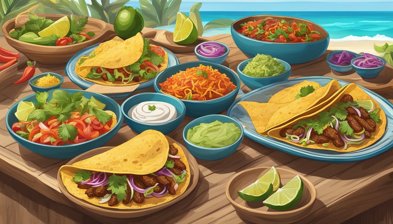 A table set with a variety of tacos, surrounded by fresh ingredients and vibrant spices, with a backdrop of the Pacific Ocean