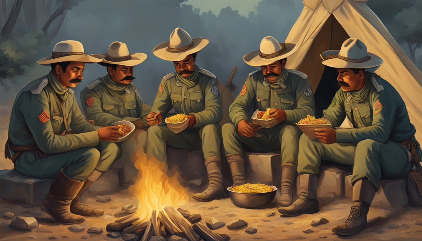 Soldiers eating tacos around a campfire during the Mexican Revolution