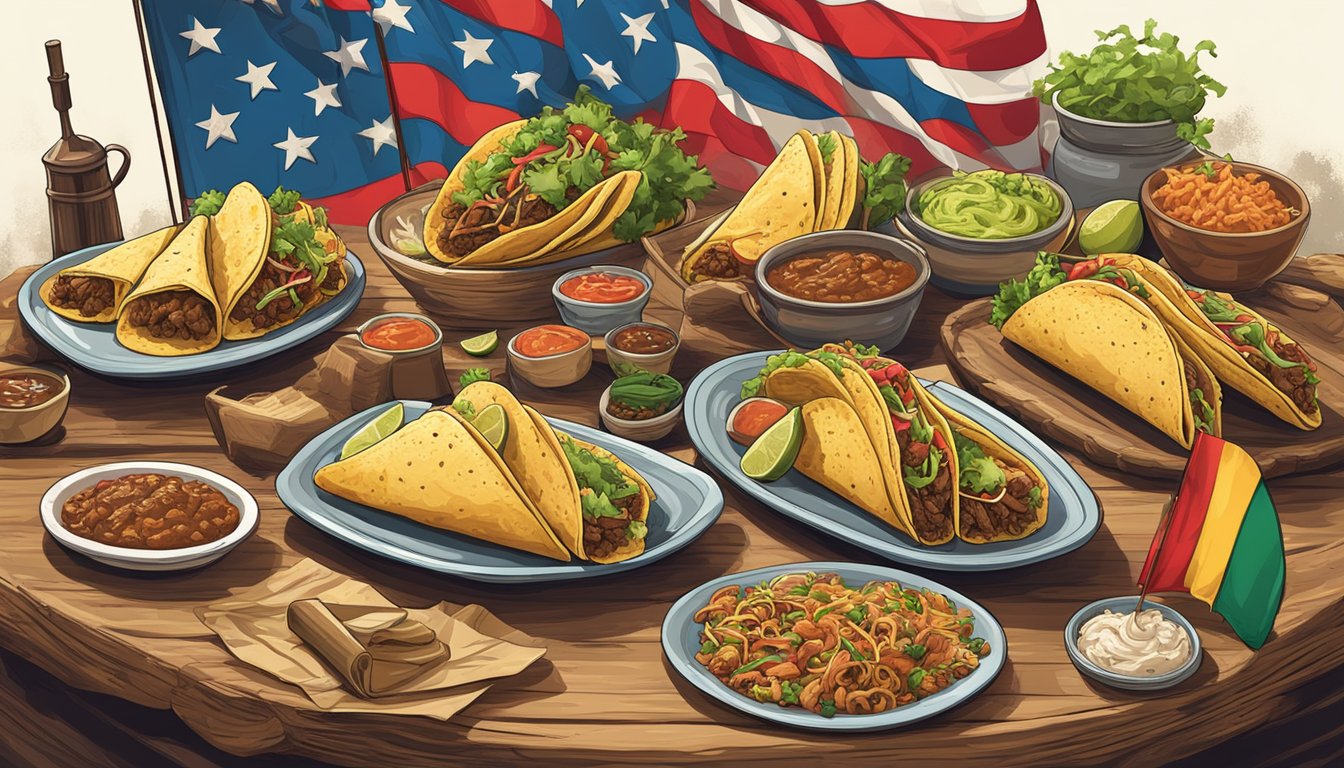 A group of tacos arranged on a rustic table, surrounded by revolutionary symbols such as rifles, banners, and flags