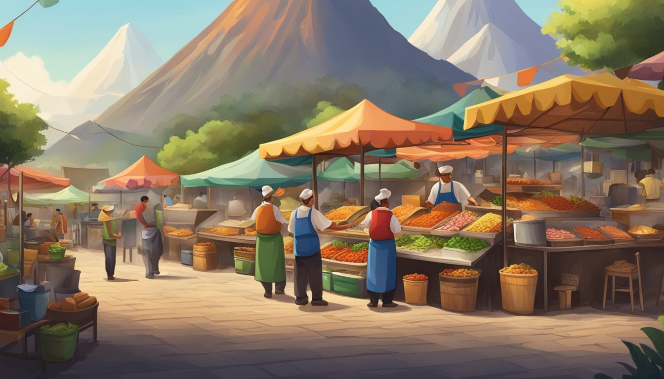 A bustling street market with colorful food stalls surrounded by towering volcanic mountains. A chef prepares sizzling tacos while customers chat and enjoy the savory aroma