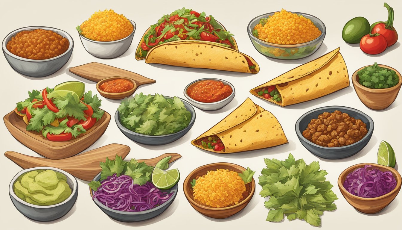 A colorful spread of taco ingredients and variations, showcasing the diverse flavors of the Mexican revolution