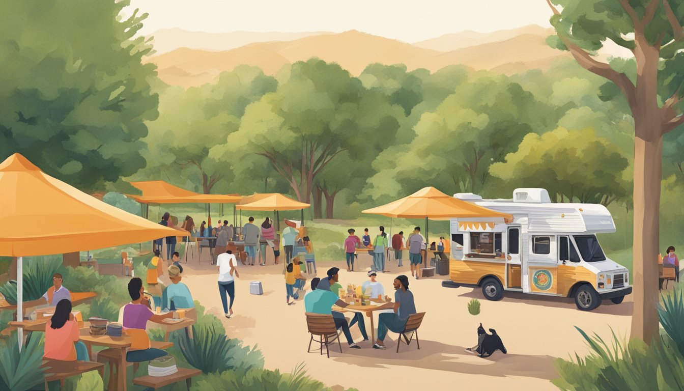 A bustling Texas state park with a food truck serving delicious, locally-sourced tacos. Nearby, visitors enjoy picnics and outdoor activities