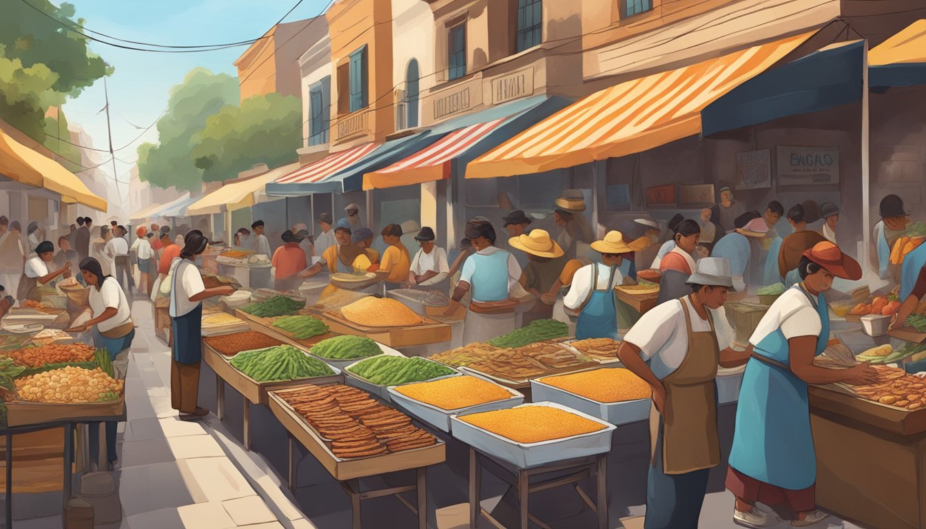 A bustling street market with vendors selling various types of tacos, reflecting the diverse flavors and ingredients that emerged post-Mexican Revolution