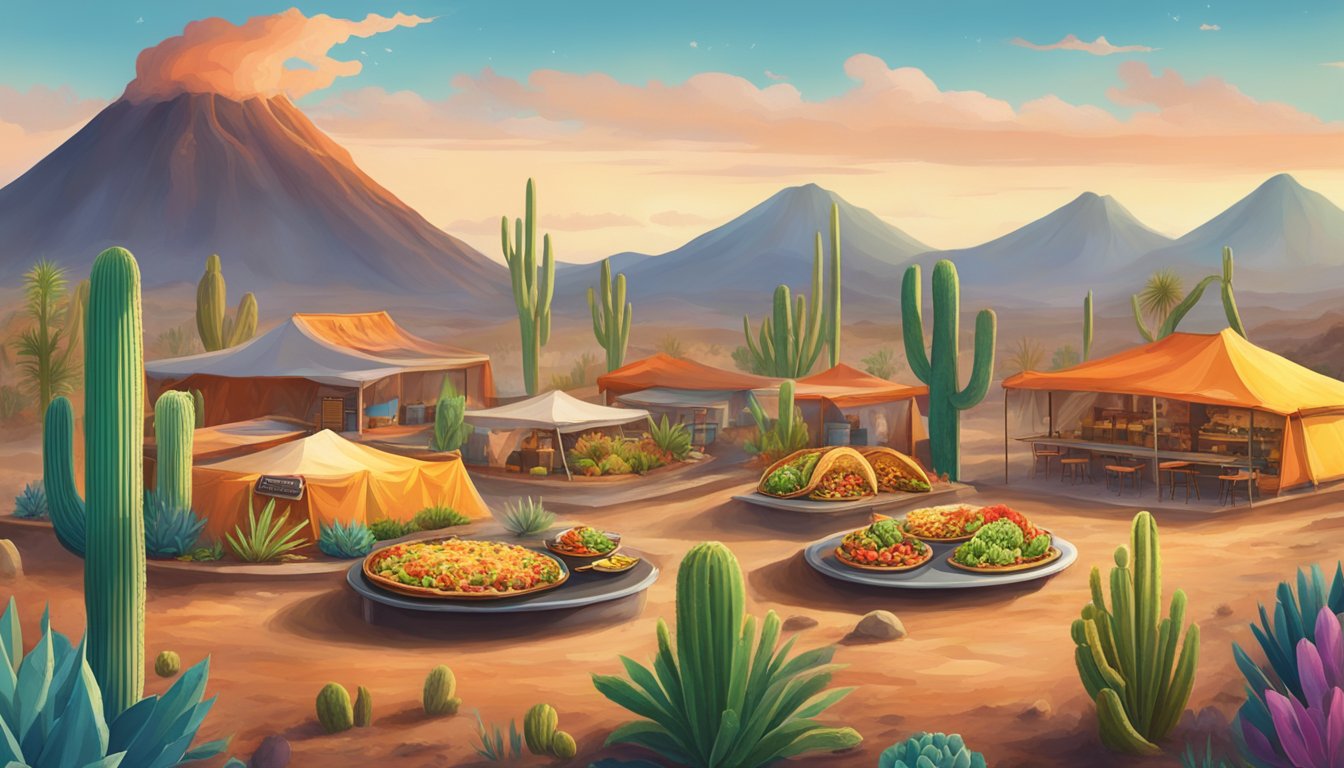 Volcanic landscape with steaming vents, cacti, and colorful taco stands serving sizzling, mouthwatering tacos