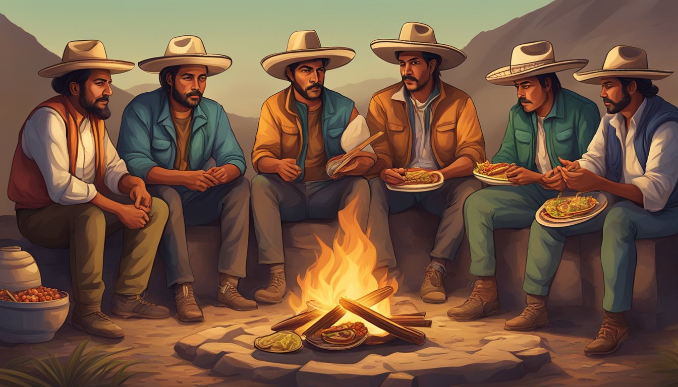 A group of Mexican revolutionaries gather around a campfire, preparing and enjoying tacos as a symbol of their culinary legacy and cultural impact