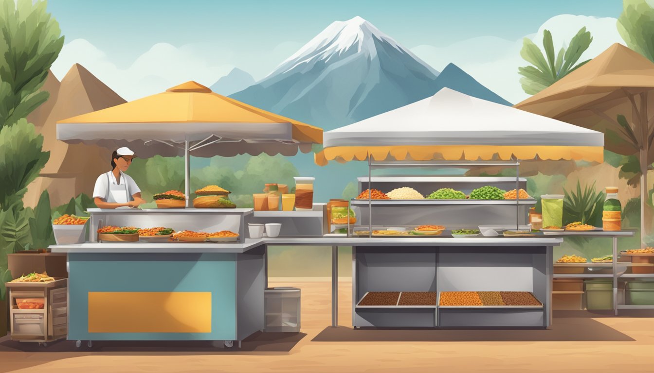 A bustling taco stand with smoky volcanic peaks in the background. Clean, organized food preparation area with clear health and safety standards displayed