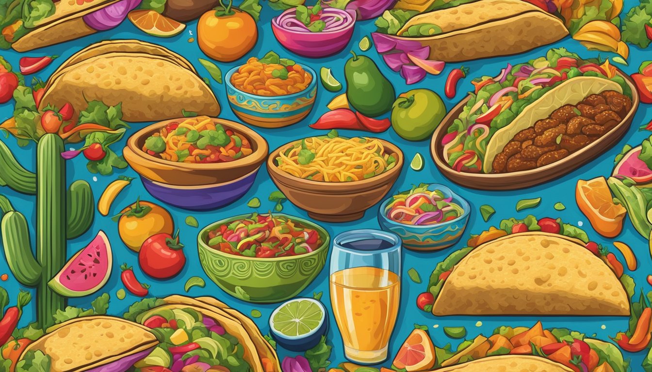 A vibrant Mexican mural with tacos integrated into the colorful and intricate design, showcasing the cultural significance of the beloved food