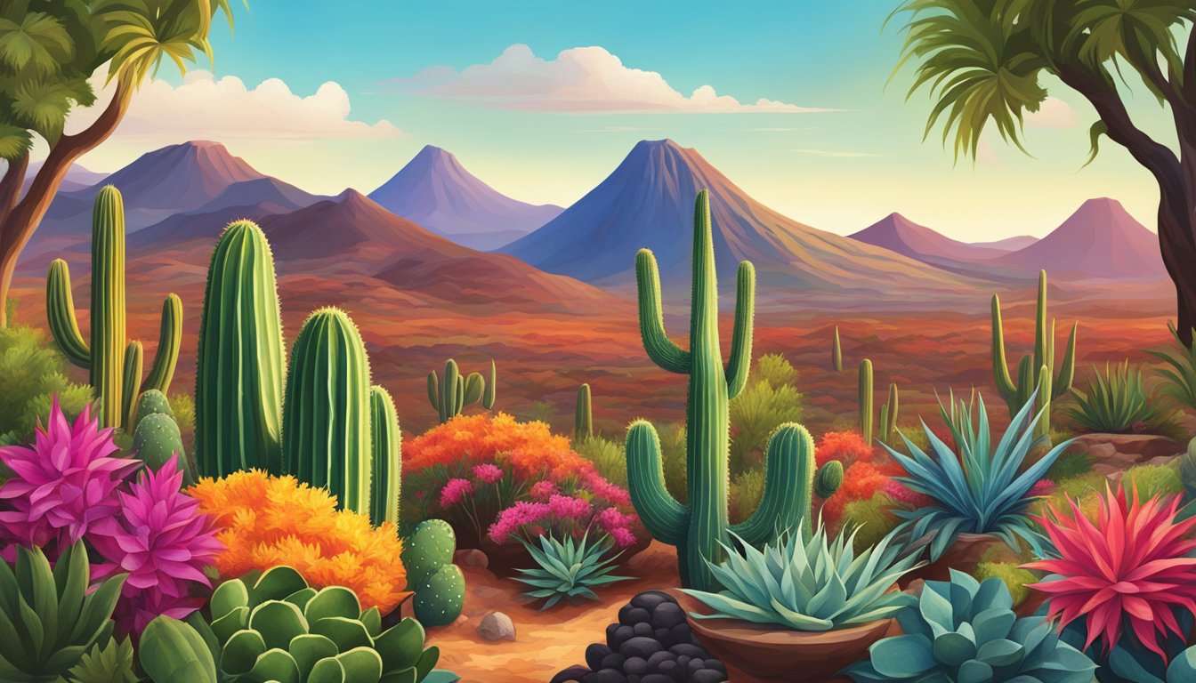 Lush volcanic landscape with diverse flora and fauna, showcasing vibrant taco ingredients like cactus, agave, and chili peppers