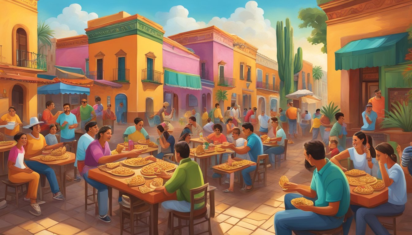 A vibrant Mexican mural depicts a colorful scene of people enjoying tacos, set against a backdrop of historical landmarks and traditional architecture