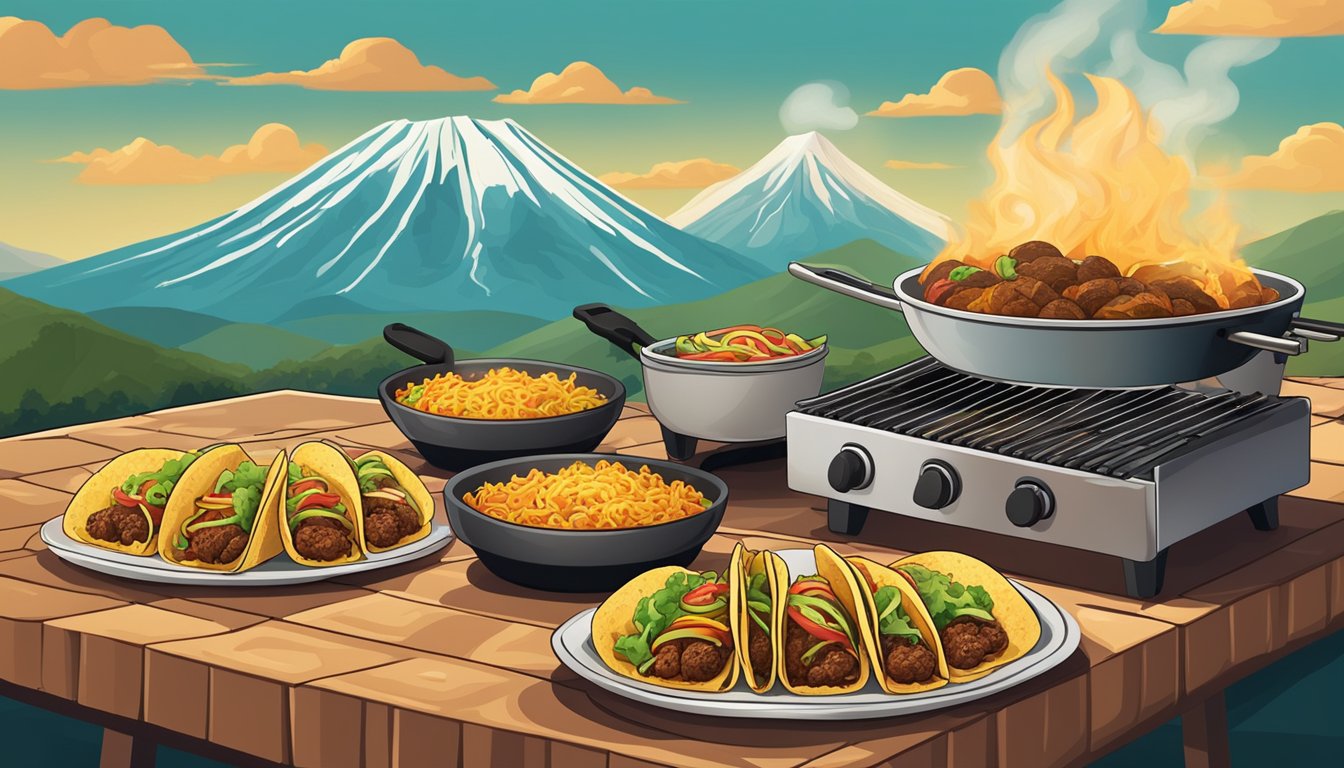 A group of tacos being cooked on a sizzling grill with the backdrop of Mexican volcanoes in the distance