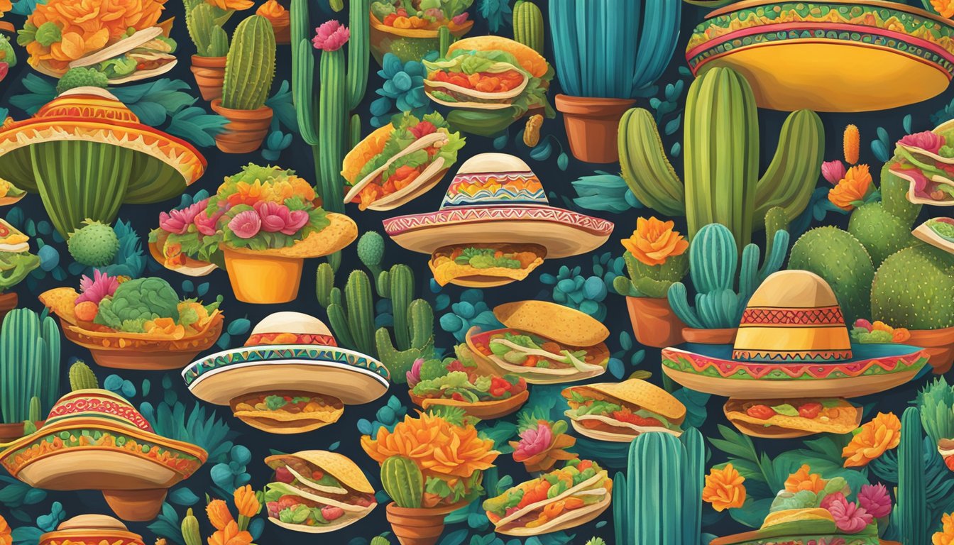 A vibrant mural depicts a variety of tacos surrounded by traditional Mexican imagery, such as cacti, sombreros, and vibrant colors