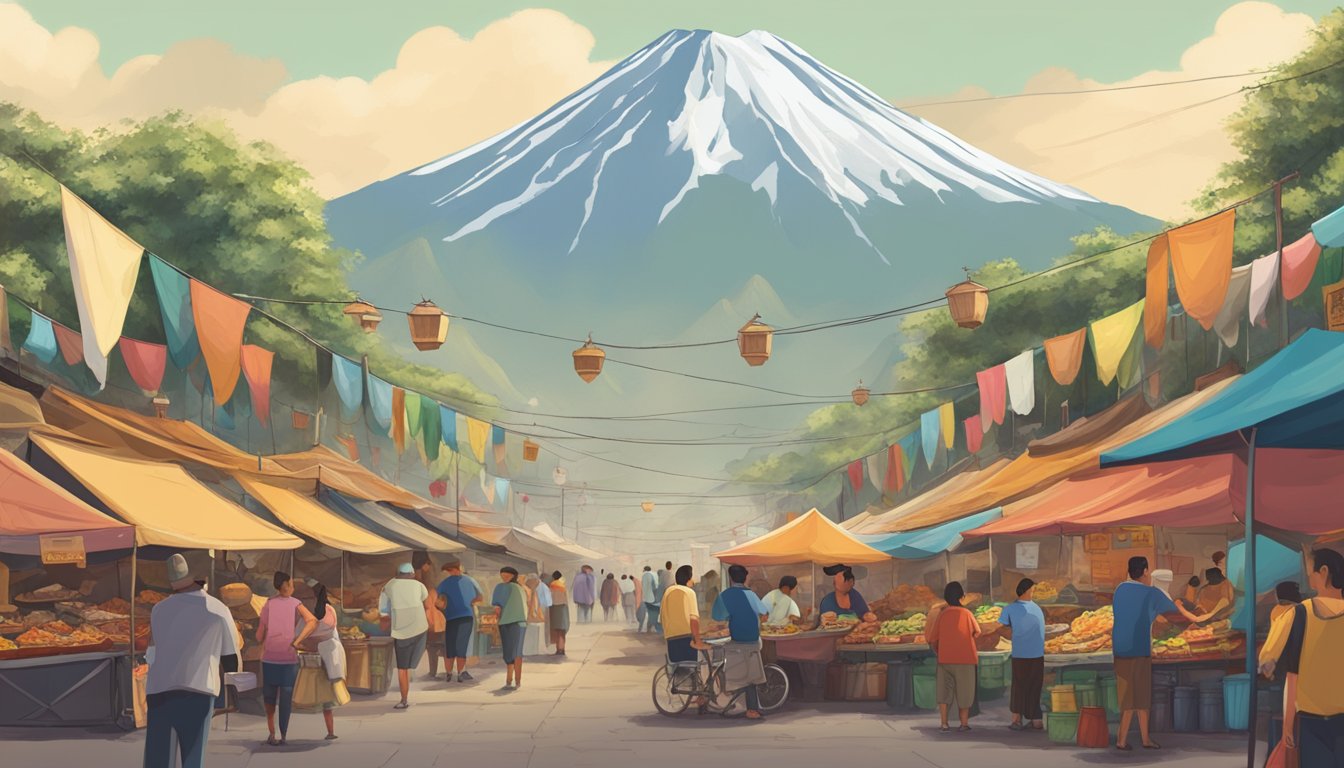 A bustling street market surrounded by towering volcanoes, with vendors selling sizzling, flavorful tacos to eager locals and tourists