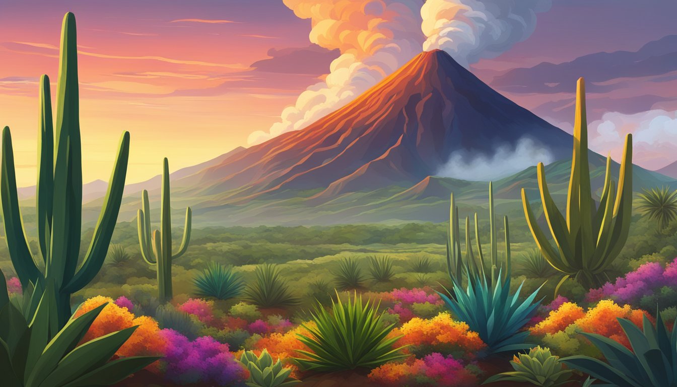 A group of Mexican volcanoes towering over a landscape, with steaming vents and lava flows, surrounded by fields of vibrant green agave plants