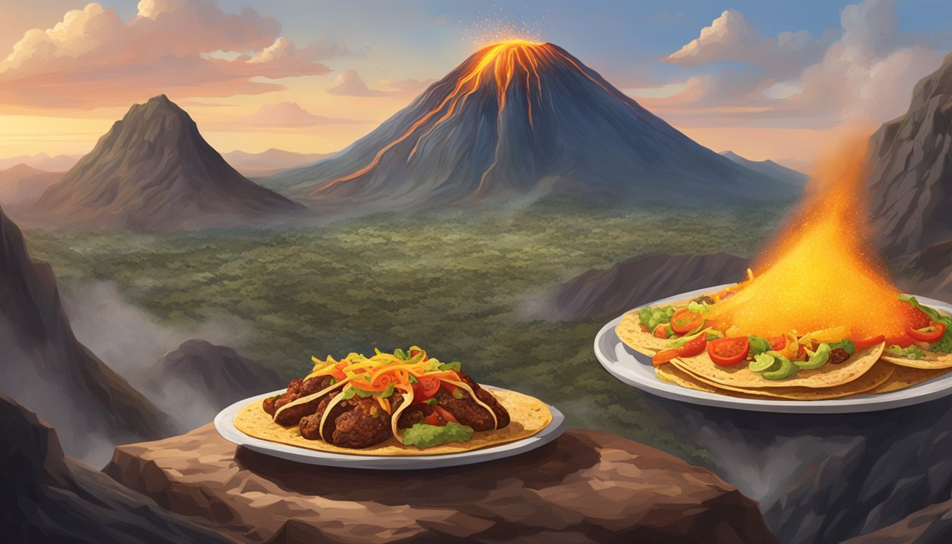 Lava spewing from a volcano, with tacos cooking on the molten rock, surrounded by the rugged terrain of a Mexican volcanic region