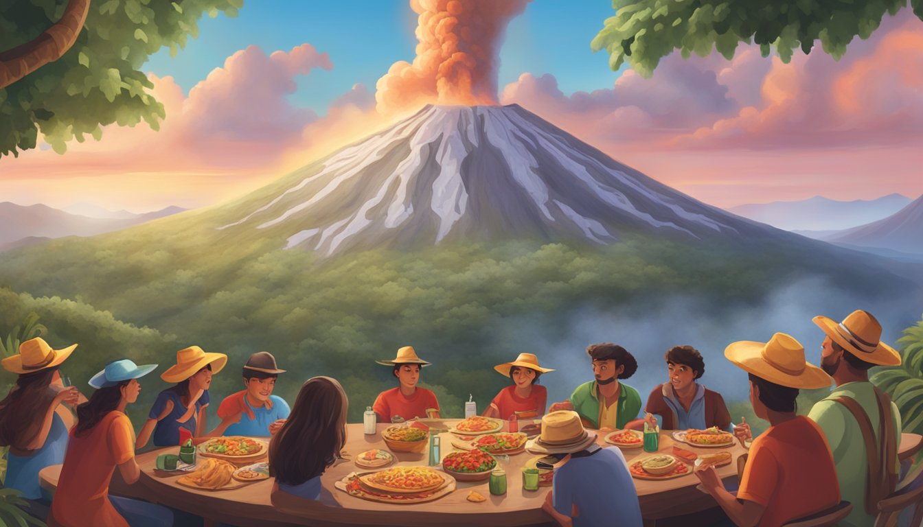 A volcano towering in the background, with a steaming crater, while a group of people gather around a table filled with steaming tacos and salsa