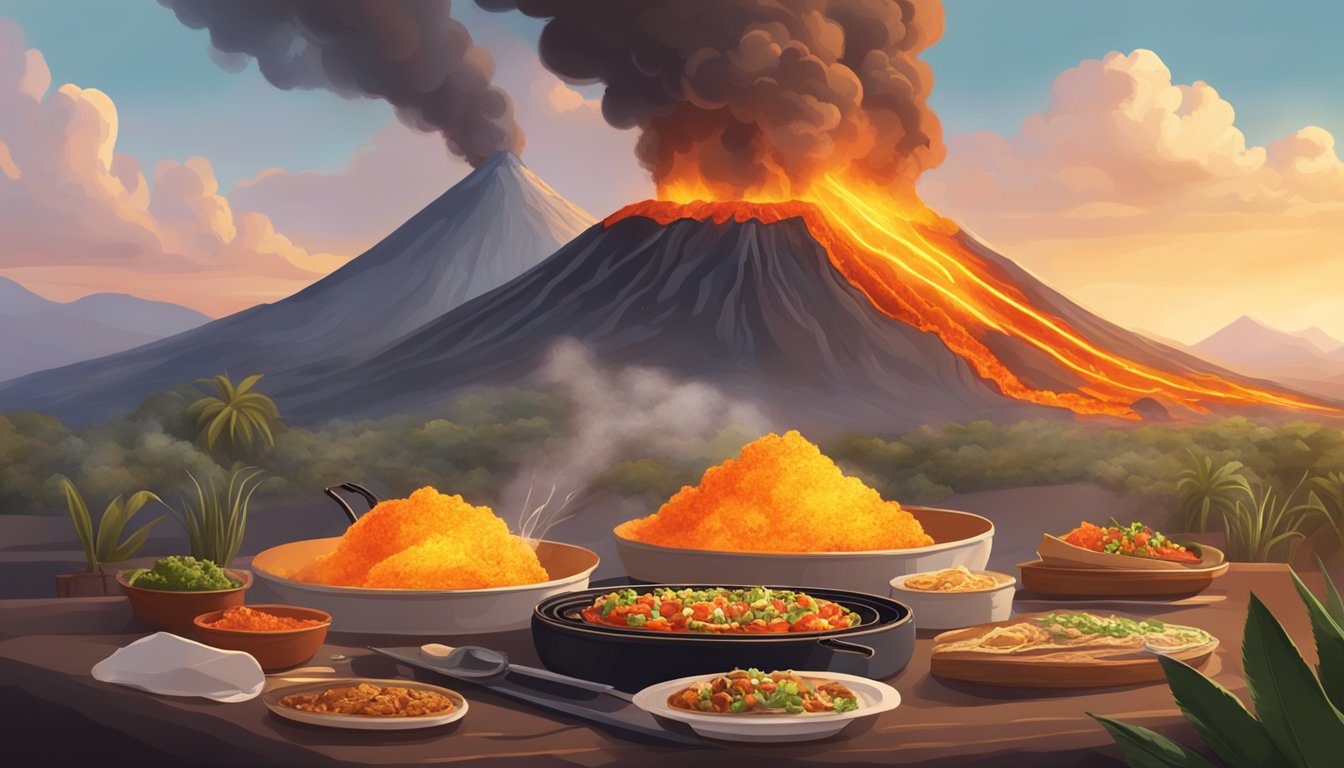 Molten lava flows from the erupting volcano, cooking the tacos placed on its edge. Smoke and ash fill the air as the fiery impact transforms the traditional Mexican cuisine