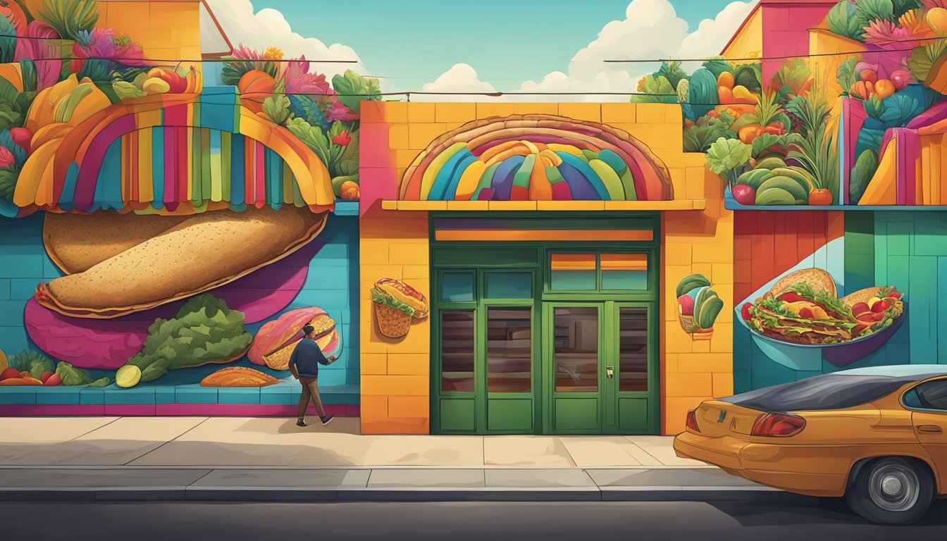 Vibrant Mexican mural with larger-than-life tacos, bold colors, and dynamic composition