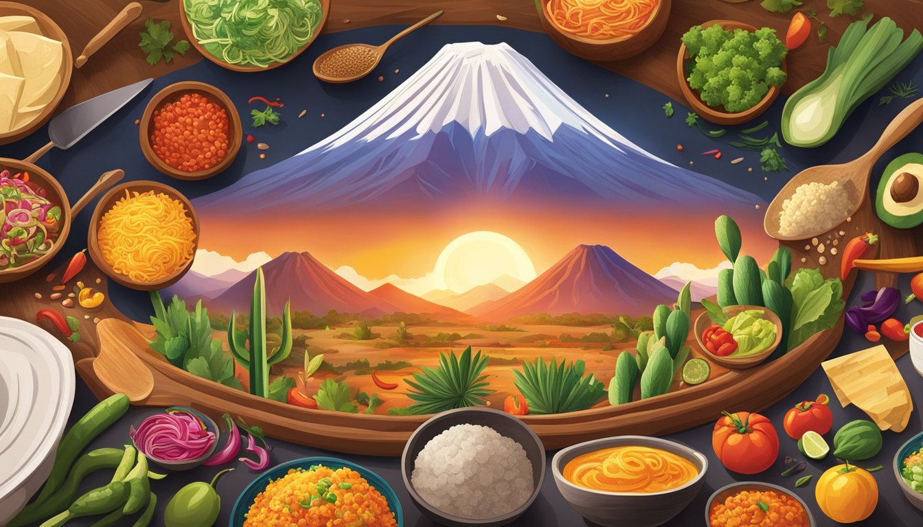 A group of chefs gather around a table, surrounded by vibrant ingredients and traditional cooking tools. The backdrop showcases the majestic Mexican volcanoes