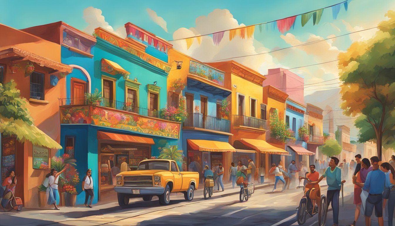 Vibrant Mexican murals adorn a bustling street, with colorful depictions of traditional tacos and lively scenes of Mexican culture