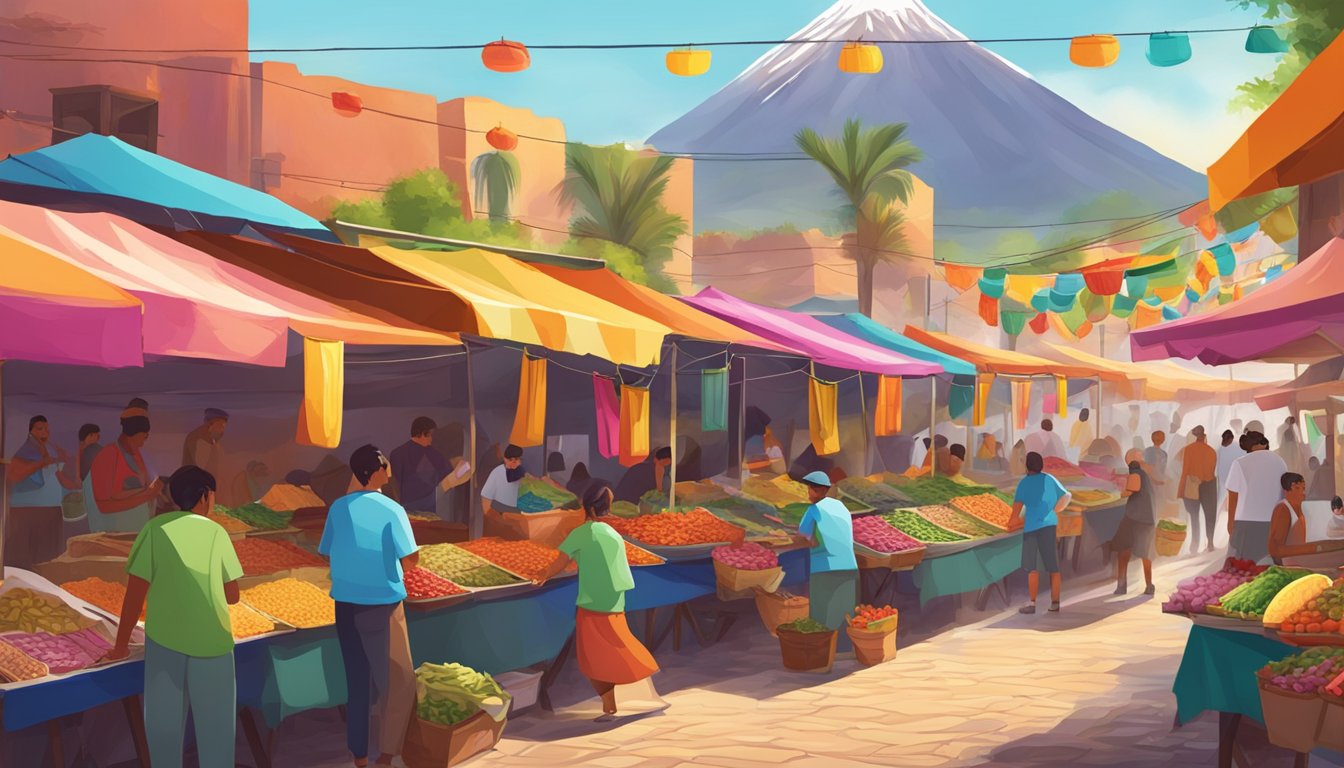 A vibrant street market with colorful food stalls selling fusion tacos, set against the backdrop of Mexico's majestic volcanoes