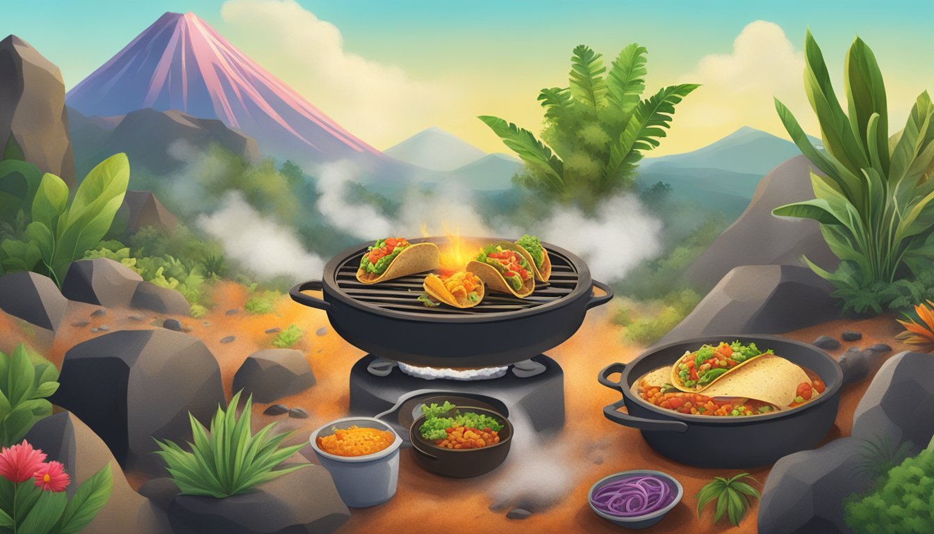 Tacos cooking over volcanic rocks, surrounded by vibrant plants and steam rising from the ground