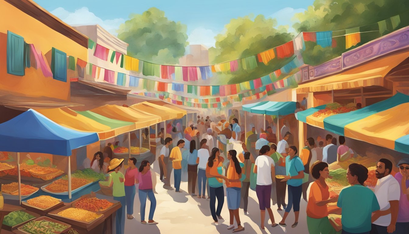 A bustling street market with vibrant Mexican murals adorning the walls, as people gather to enjoy the public and global reception of delicious tacos