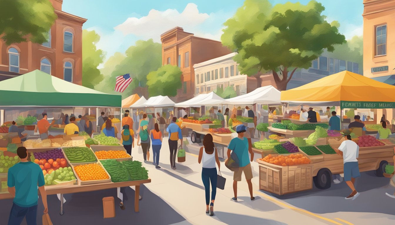 A bustling farmers market with colorful produce and locally sourced ingredients, with a food truck serving up sustainable tacos in a vibrant college town in Texas