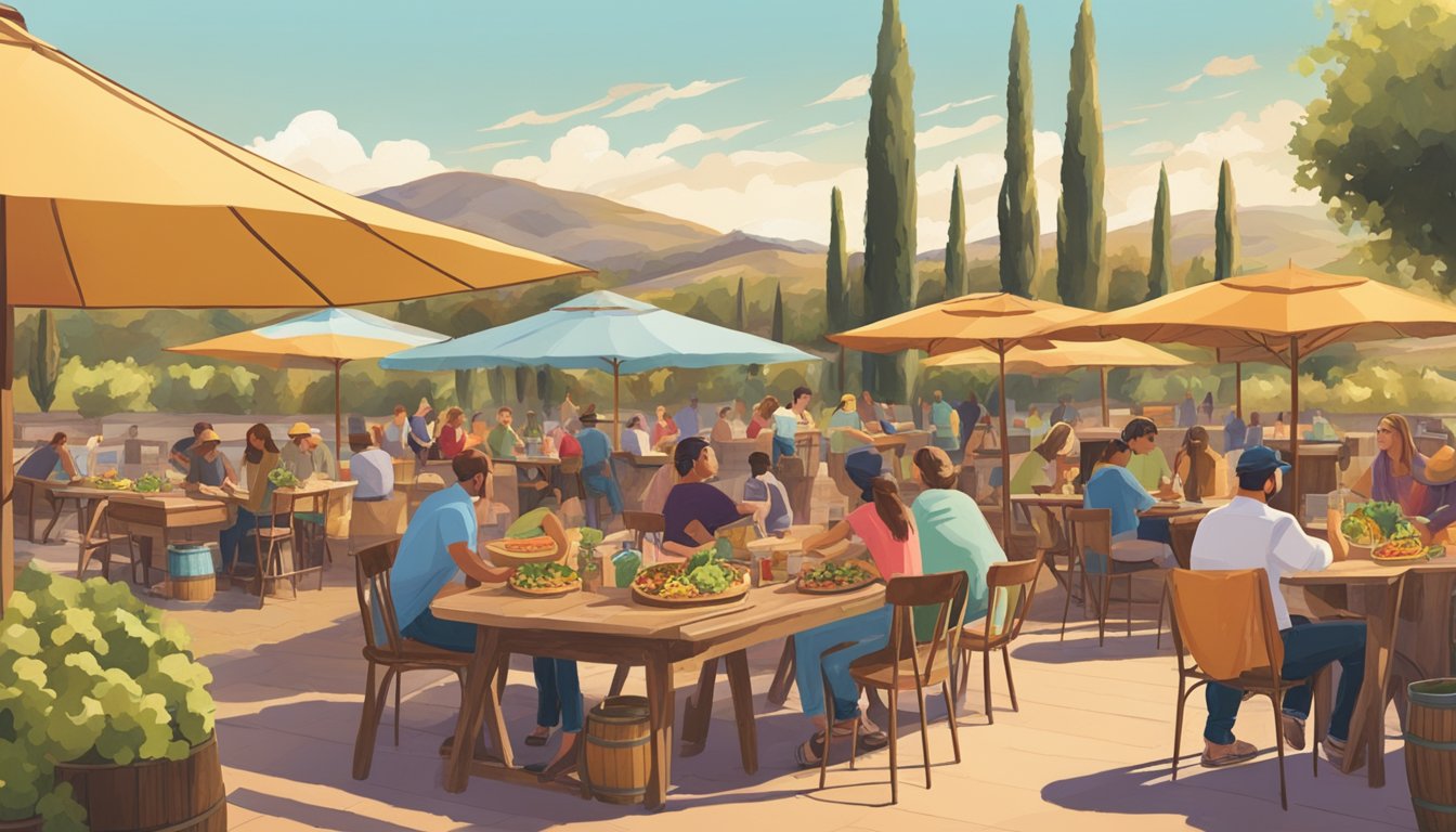 A rustic outdoor setting with a vineyard in the background, adorned with colorful taco trucks and wine barrels. Tables are filled with people enjoying tacos and wine in the warm California sun