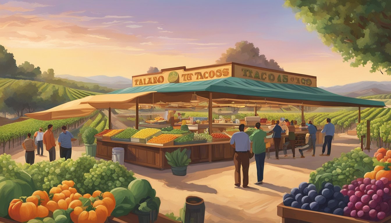 Lush vineyards and fields of fresh produce surround a bustling taco stand, showcasing the influence of agricultural practices on the evolution of tacos in California's wine country