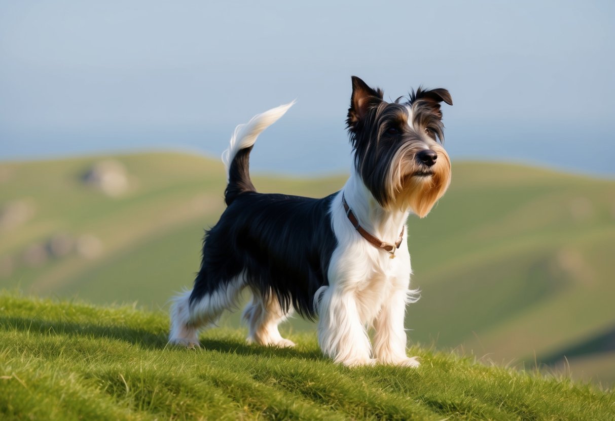 A Skye Terrier dog standing proudly on a grassy hill, with its long, flowing coat blowing in the wind as it gazes off into the distance