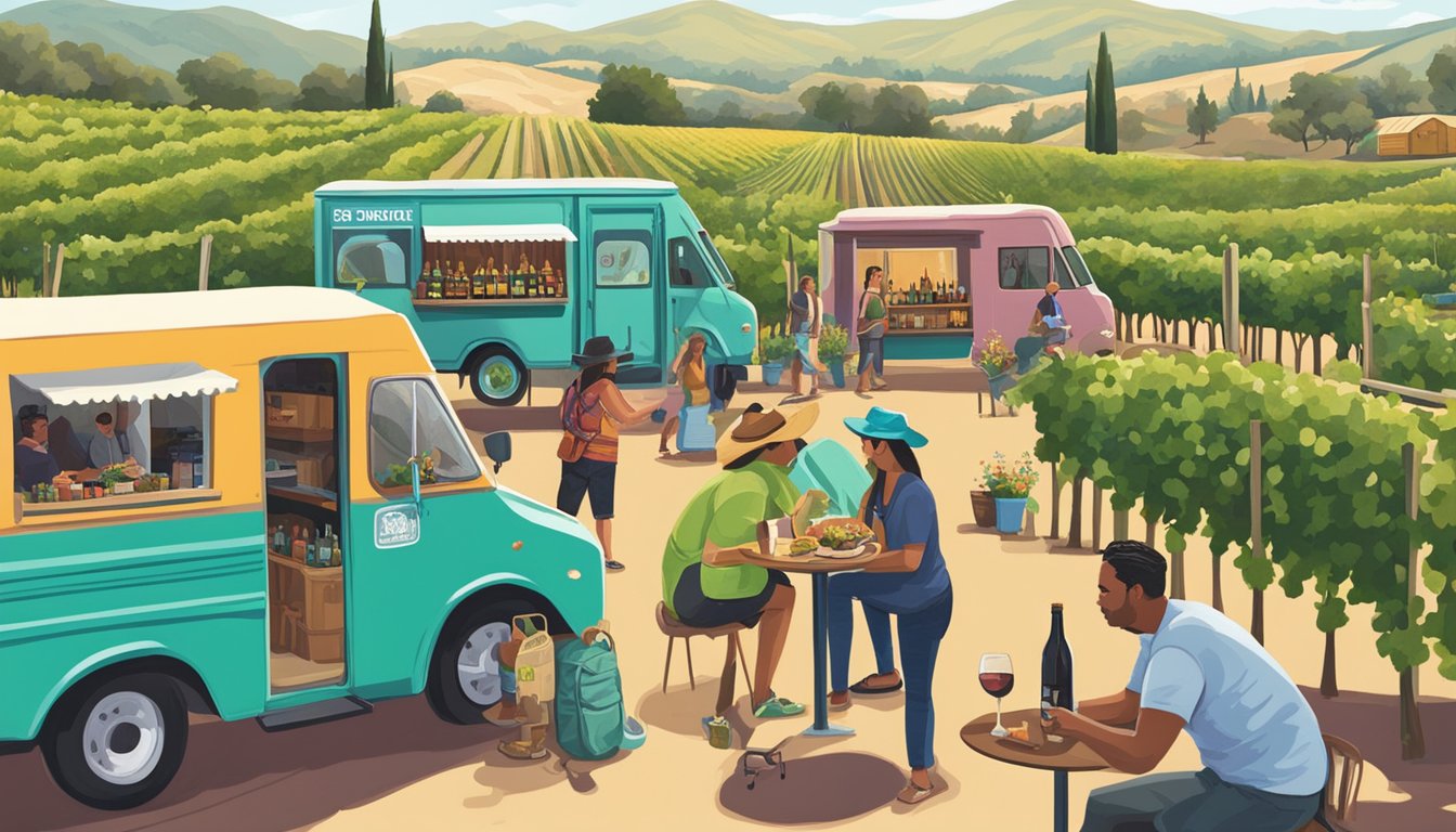 Vineyards and taco trucks coexist, with locals and tourists alike enjoying wine and tacos in the picturesque California wine country