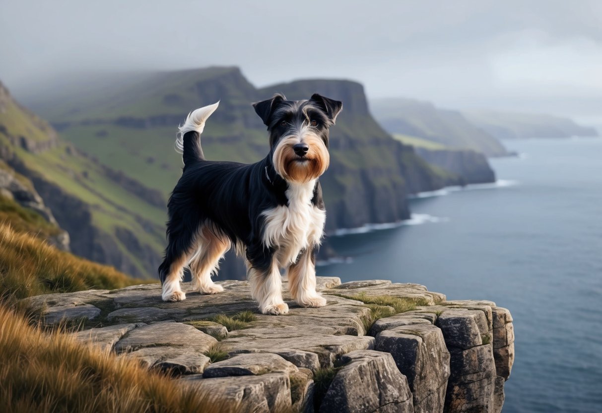 A Skye Terrier stands proudly on a rugged Scottish cliff, with the misty coastline in the background