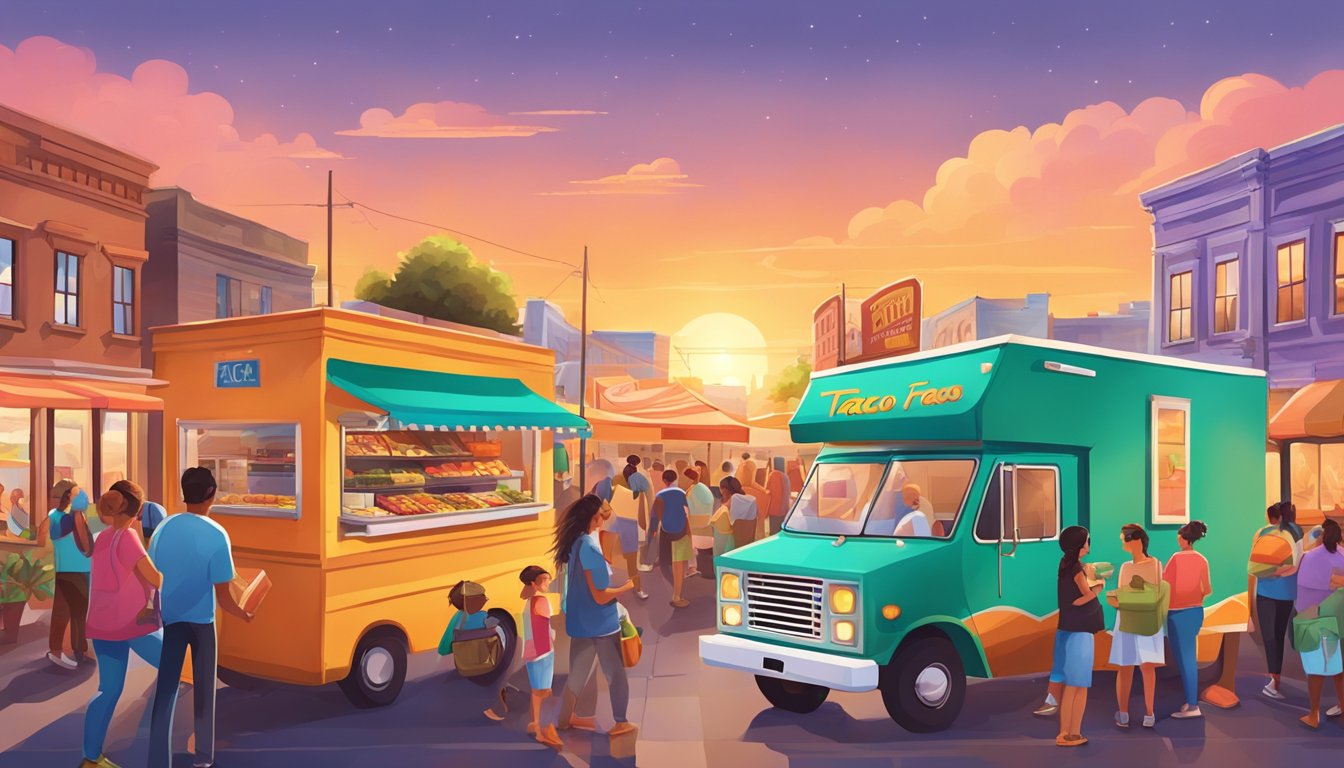 A bustling street fair with colorful food trucks and vibrant taco stands, surrounded by quaint small town buildings and a warm Texas sunset